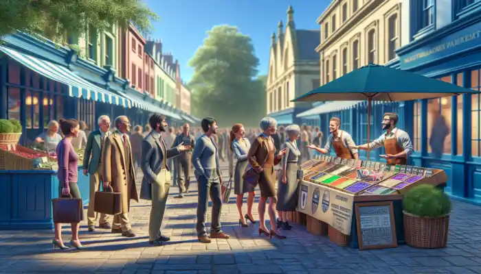 Vibrant Cheltenham market with a trusted local supplier showcasing certified UK-compliant products to engaged customers for informed decisions.