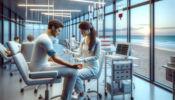 A doctor draws blood from a male patient's arm in a modern Bournemouth clinic, with lab equipment, hormone charts, and coastal windows.