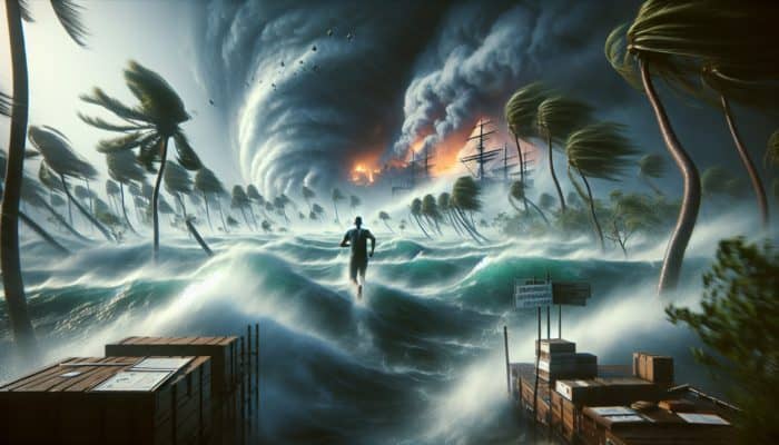 Facing Survival Uncertainty: A resilient individual braves chaotic Caribbean hurricane with wind-swept palm trees and turbulent waves, as distant Australian wildfires rage under smoky skies.