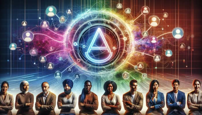 A network of diverse influencers engaging with a brand's logo, symbolising strategic outreach and collaboration.