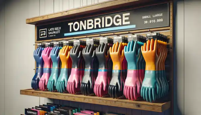 A display of latex gauntlet gloves in sizes from small to extra-large, with long cuffs and textured grips, in various colors on a Tonbridge shelf.