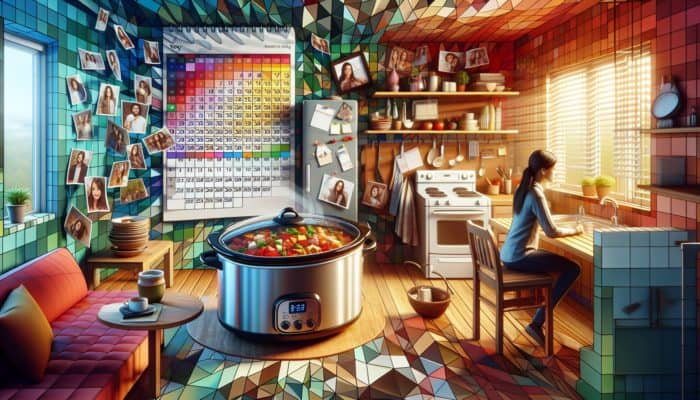 A busy person's cozy kitchen with a steaming slow cooker filled with flavorful stew, surrounded by family photos and a packed schedule.