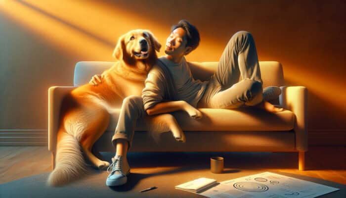 Bonding With Pets To Combat Loneliness: A person sits on a sunlit sofa, hugging a loyal golden retriever with empathetic eyes and a wagging tail.