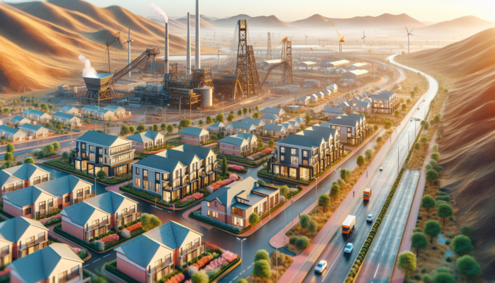 Contemporary homes in Postmasburg alongside active mining operations, newly built roads, and public facilities, attracting eager first-time buyers under a clear blue sky.