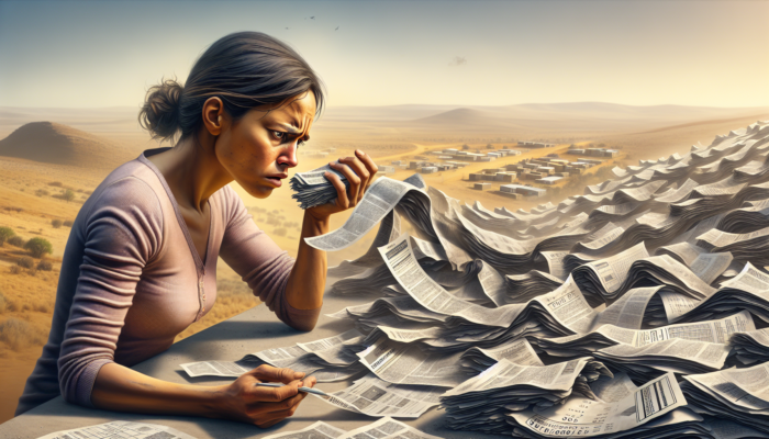 Confused first-time buyer in Postmasburg examines crumpled title deeds and maps, overlooking bills in a dusty arid landscape under harsh sunlight.