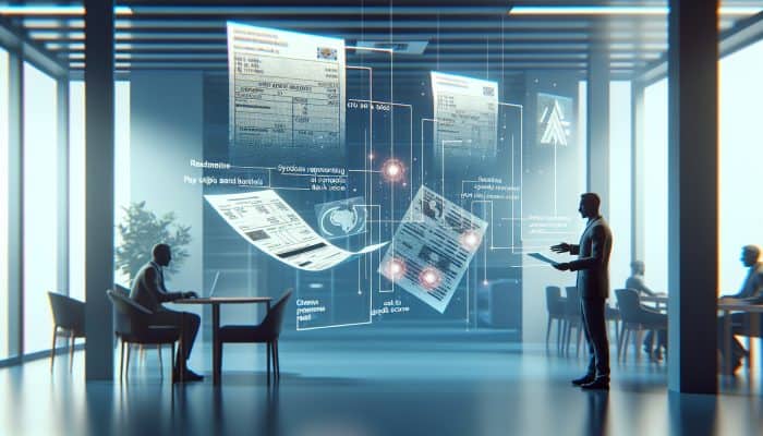 Person presenting financial documents to lender in a modern UK bank, showing steady income and good credit score.