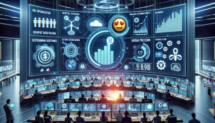 Analysts in a high-tech control room review holographic KPI displays showing 40% patient satisfaction increase and 25% financial accuracy, with dynamic charts and sector icons.