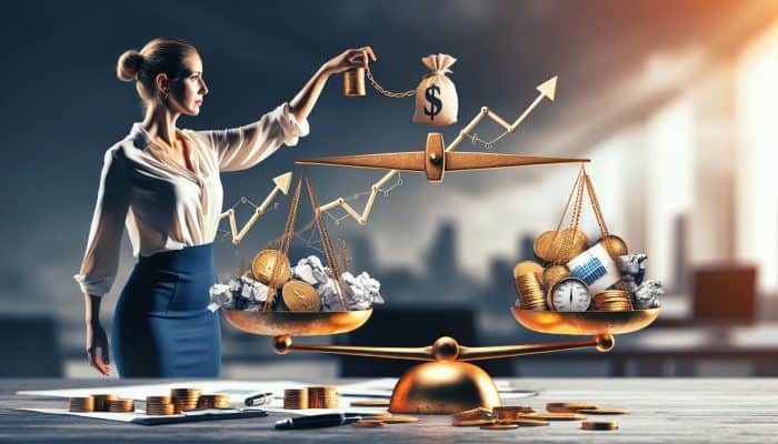 A professional in London balances a golden scale with debt chains on one side and income graphs on the other, symbolizing low DTI for loan approval.