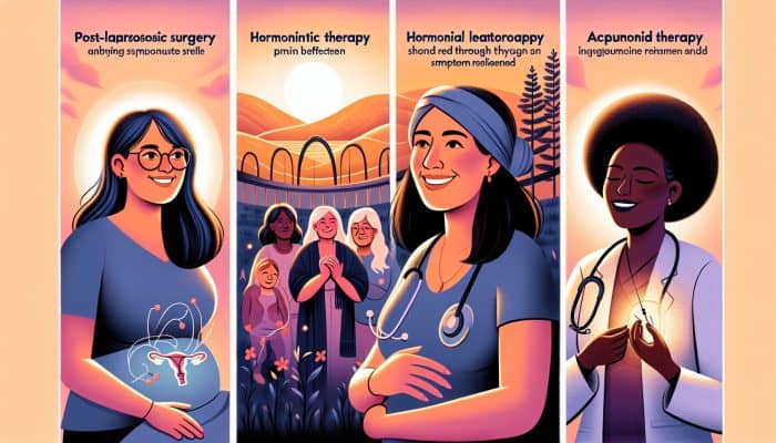 Diverse UK endometriosis treatment success stories: post-surgery daily life enjoyment, hormonal therapy symptom relief, pain management with physiotherapy and acupuncture.