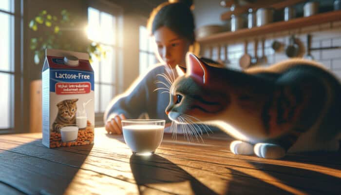 An adult tabby cat cautiously sniffs lactose-free milk in a bowl on a wooden table, supervised by an owner with a vet guide in a sunlit kitchen.
