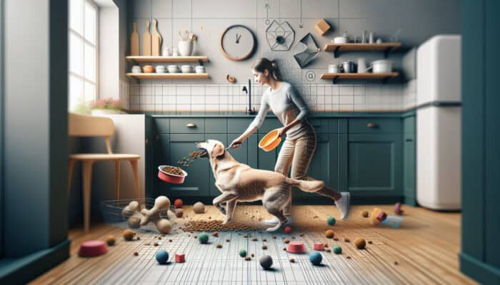A pet owner cleans up scattered kibble and toys in a bright, cozy kitchen after a dog's meal, ensuring a clean and healthy environment.