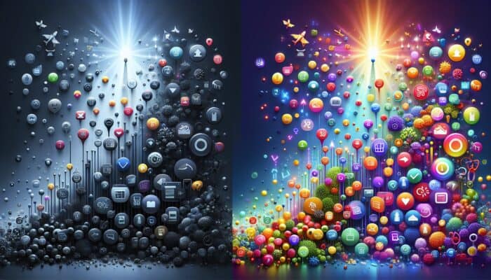 Illustration representing SEO's impact: a dim underperforming product page with low traffic icons contrasted against a vibrant one with rising graphs and sales symbols.