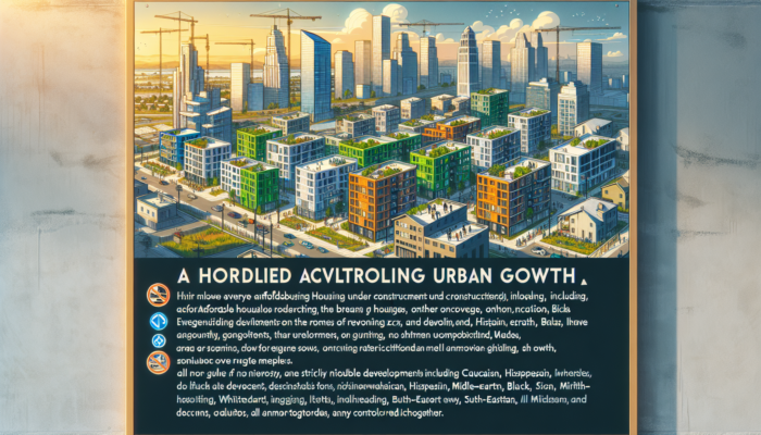A vibrant Tembisa cityscape at dawn, featuring affordable housing under construction, zoning signs, sustainable buildings, and diverse collaborators.