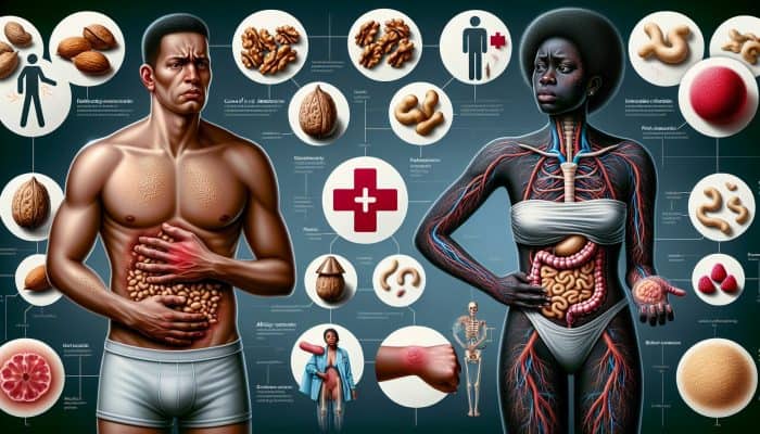 Infographic illustrating the contrast between nut intolerance and allergy: the left side portrays mild discomfort from nuts, while the right side depicts severe swelling and hives with corresponding labels and symbols.