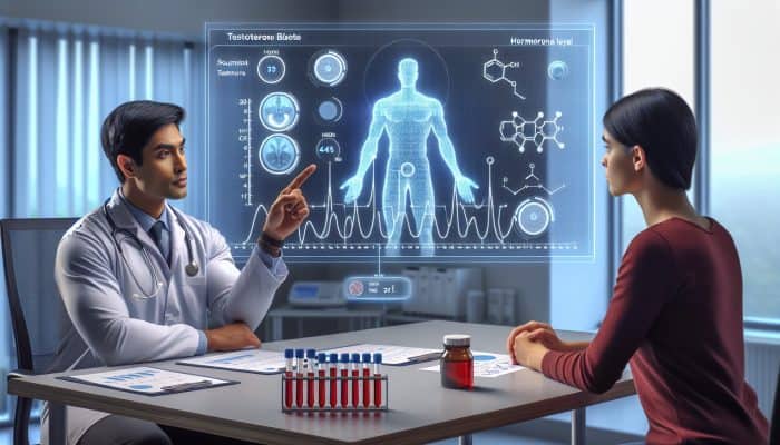 A doctor in a Southampton clinic explains testosterone test results to a patient, pointing at a graph with blood vials and charts.