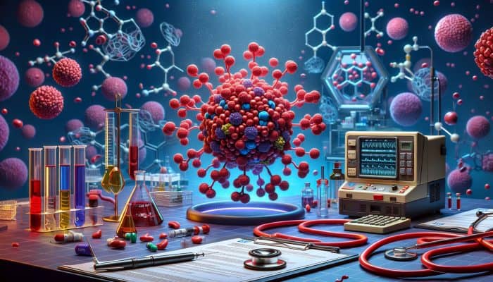 Ferritin Blood Test in Aldridge: Detailed illustration of ferritin protein storing iron in a vibrant blood cell, set in a modern NHS lab in Aldridge with tools and charts.