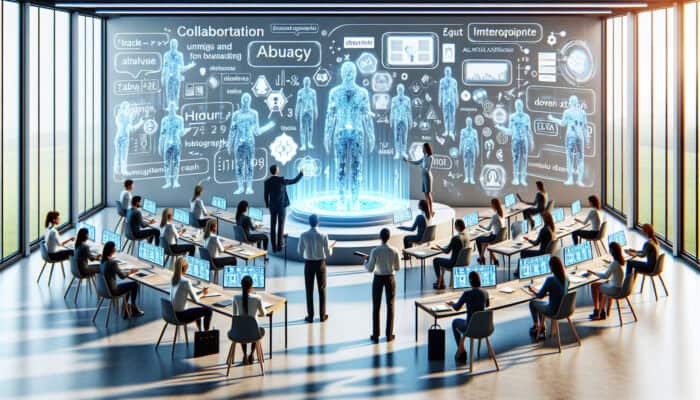 Staff in a modern art gallery interacting with holographic virtual assistants on screens and tablets, guided by an expert instructor.