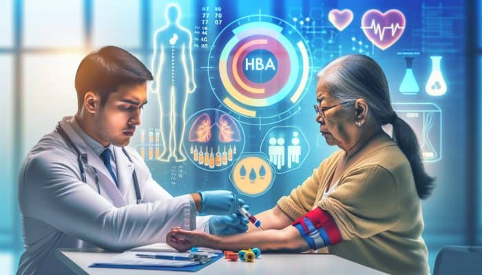 Does Diabetes Show Up in a Blood Test: Doctor drawing blood for HbA1c test from middle-aged patient in busy NHS clinic, with graphs of rising sugar levels and diabetes prevention posters.