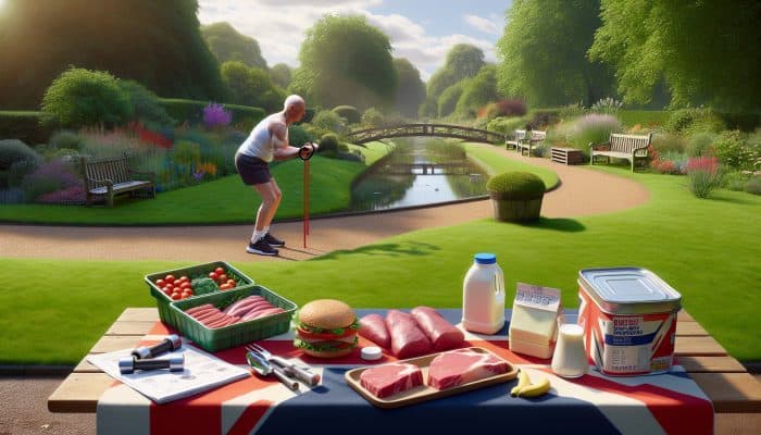 How Protein Supports Weight Goals: A fit older adult exercising in a sunlit British park, surrounded by fresh red meat and dairy on a blanket, symbolising protein for health.