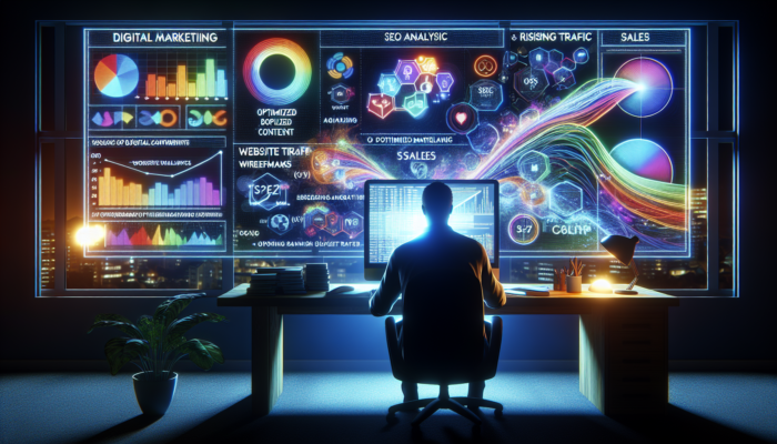 A digital marketer in Bridgwater examining local keywords on a bright screen, surrounded by SEO charts and rising traffic graphs.