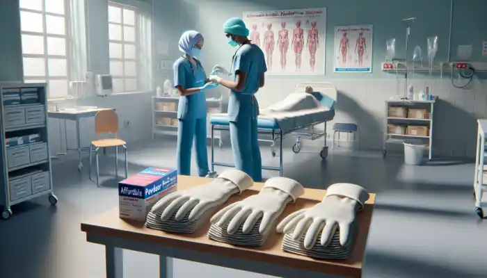 Vinyl Gloves: In a UK NHS ward, a nurse in blue scrubs wears powder-free vinyl gloves while examining a patient; table displays powdered and powder-free glove packs.
