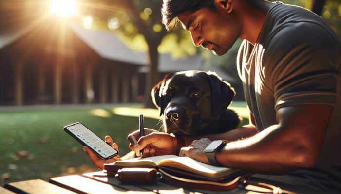 A serene person in a sunlit park pets a dog while jotting notes in a journal and checking a wellness app for mental health benefits.
