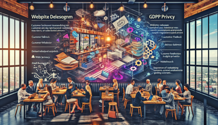 In a cosy Cinderford cafe, business owners and customers review website redesign sketches on laptops with feedback surveys, graphs, and GDPR icons.