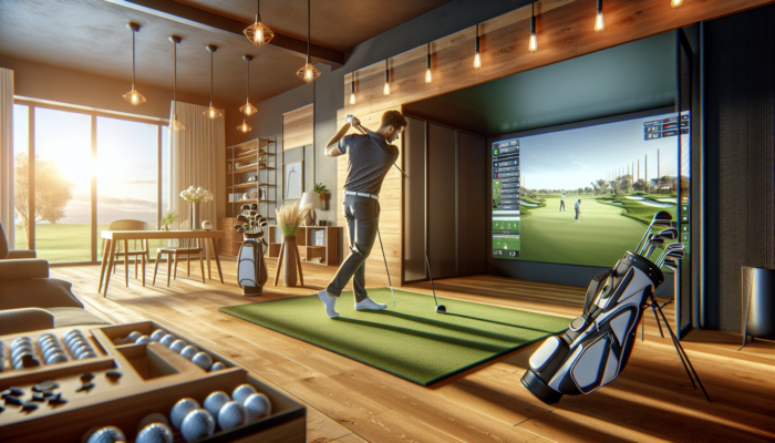 A focused golfer practices on a high-tech indoor simulator in a modern South African home.
