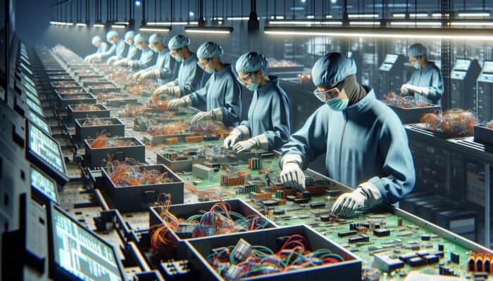Technicians in a modern electronics recycling facility sort circuit boards and wires, wearing safety gear and following guidelines under bright lights.