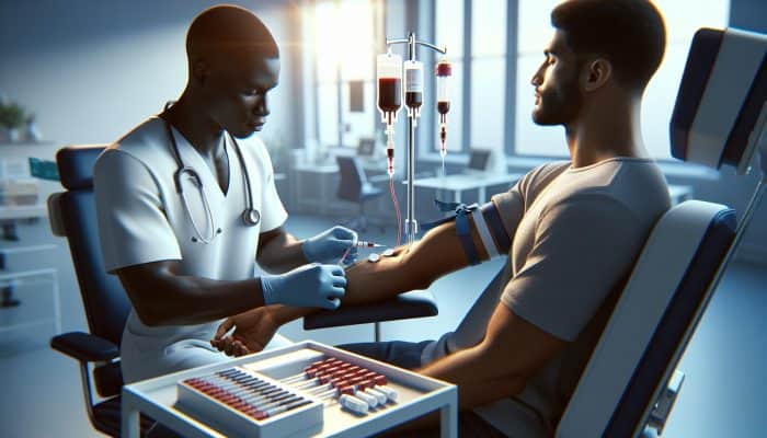 A healthcare professional draws blood from a patient's arm in a modern UK clinic for a vitamin B12 test using sterile equipment.