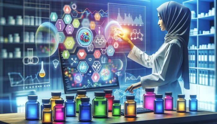 A scientist in a modern laboratory reviews case study charts on a digital display, surrounded by colourful supplement bottles and positive graphs.