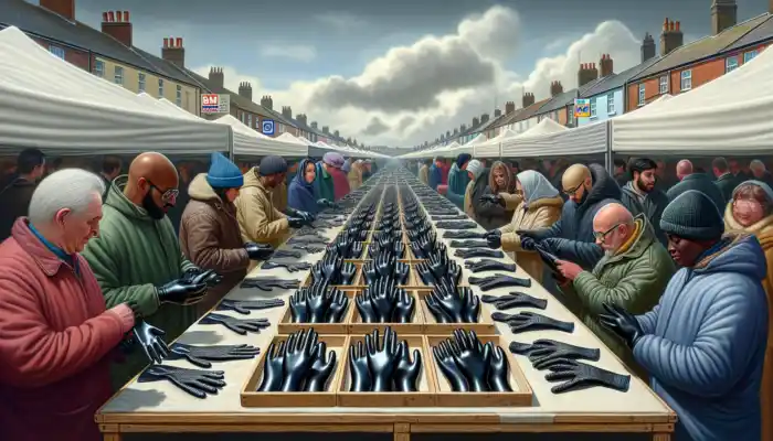 Scene from Poole market: Vendors showcase shiny black latex gauntlet gloves on wooden stalls, with shoppers examining them under a cloudy sky featuring B&M and Tesco signage.