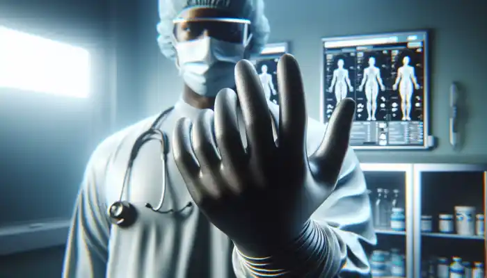 Close-up of latex gauntlet gloves on a healthcare worker's hands in a sterile clinic in Poole, highlighting the importance of protection during medical procedures.
