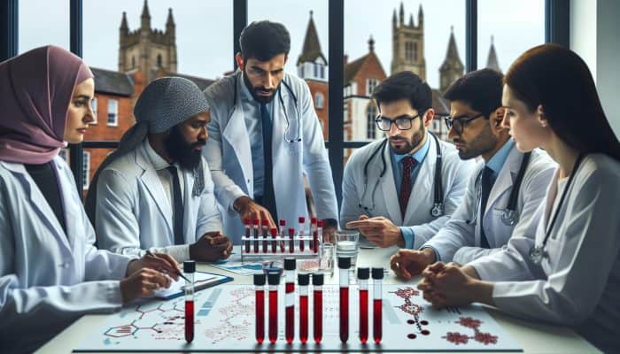 Dedicated medical experts in a modern Hitchin laboratory examine cholesterol test tubes, digital records, and models, with historic buildings visible through the window.