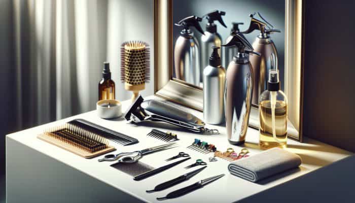 Shaping Cropped Curls With Clipper Techniques: Neatly arranged hairstylist tools for curl shaping: clippers, comb, scissors, clips, bottle, oil, and mirror on a clean table with soft lighting.
