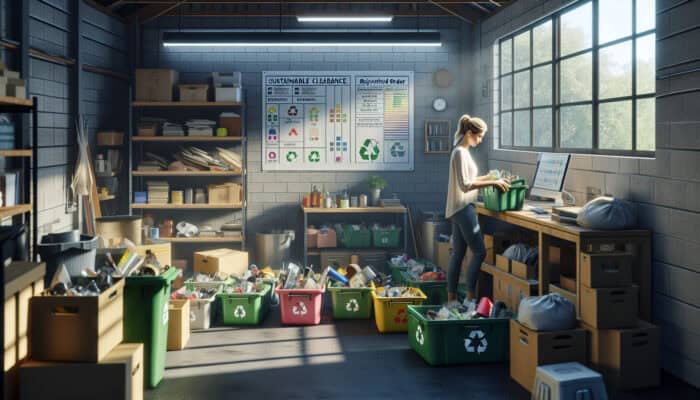 A person sorts items in a cluttered garage into color-coded recycle bins, with solar panels and natural light, promoting sustainability.
