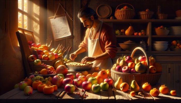 A baker selects fresh seasonal fruits such as Granny Smith apples, Fuji apples, pears, persimmons, and quinces on a sunlit wooden table.