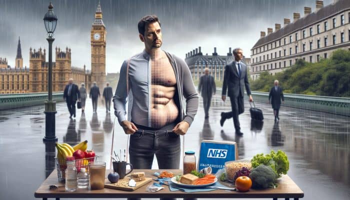 What Hormones Affect Male Weight: A 35-year-old man in a rainy UK city, struggling with weight gain from low testosterone, at a desk surrounded by processed foods.