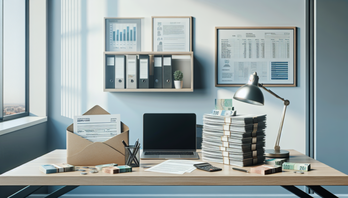 Neat desk in a modern South African office with payslips, tax returns, employer letter, laptop, and Rand notes symbolizing financial stability.