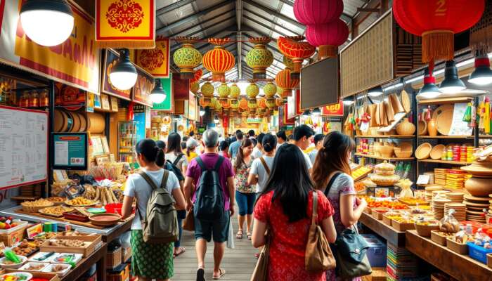 A diverse group of tourists engaging with local artisans in a vibrant market filled with traditional crafts, cultural performances, and authentic cuisine under colourful heritage decorations.