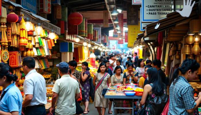 A lively street market bustling with locals and tourists, showcasing colourful crafts, traditional foods, and cultural performances that highlight active engagement and interaction.