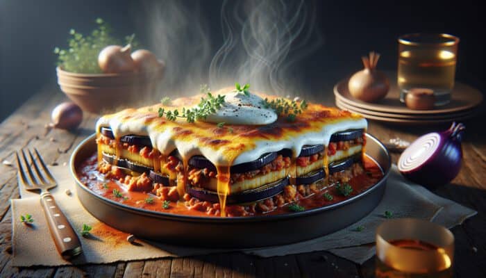 Close-up of freshly baked Greek Moussaka with layers of golden-fried eggplant, spiced lamb, tomato sauce, béchamel, steam rising, and herbs.