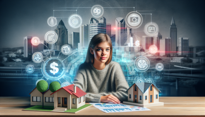 Young buyer in Witbank reviewing home loan and FLISP documents, surrounded by interest graphs, a model house, and urban skyline.
