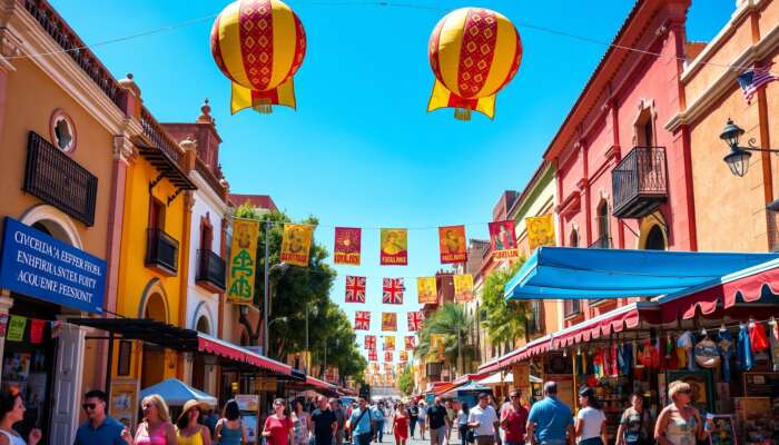 A vibrant street scene in San Miguel de Allende featuring colourful colonial architecture, bustling markets, and people enjoying events while carrying tickets and interacting with vendors under a bright blue sky.