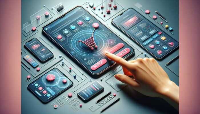 A modern smartphone screen shows a responsive e-commerce app with large touch-friendly buttons and a vertical layout, as a user taps the checkout icon surrounded by tablets and laptops for testing.