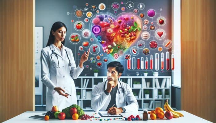 A doctor and patient in a modern clinic review colorful graphs of vitamin blood test results, surrounded by fruits, supplements, and health icons.