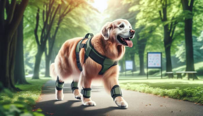A large elderly golden retriever in a lifting harness strides confidently on a lush park trail, easing joint stress.
