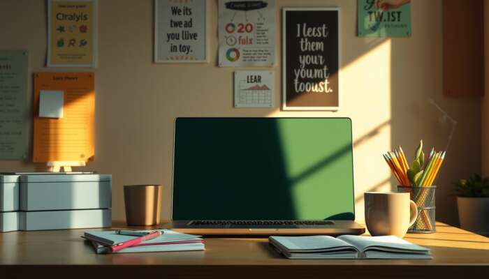 A cosy beginner's workspace featuring a laptop, notebooks, colourful pens, a steaming cup of coffee, a plant, and motivational posters, all bathed in warm, natural light.