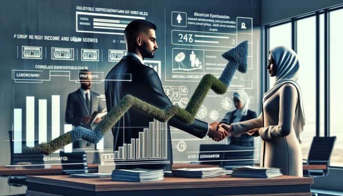 A UK loan officer in a modern office reviews guarantor documents, surrounded by income and credit score charts, while shaking hands with a reliable guarantor.