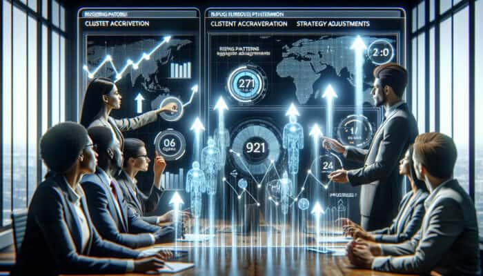 Team of analysts in a modern office reviews holographic dashboards with rising graphs of client acquisition KPIs and growth arrows.